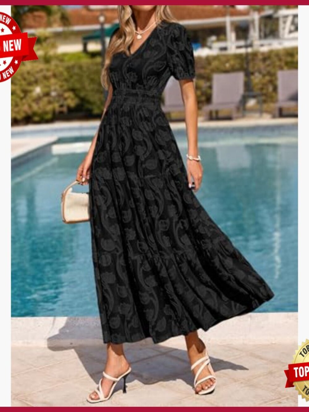 Boho Maxi Dress V-Neck Short Sleeve Elastic Waist Floral Long Casual - Picture 3 of 7